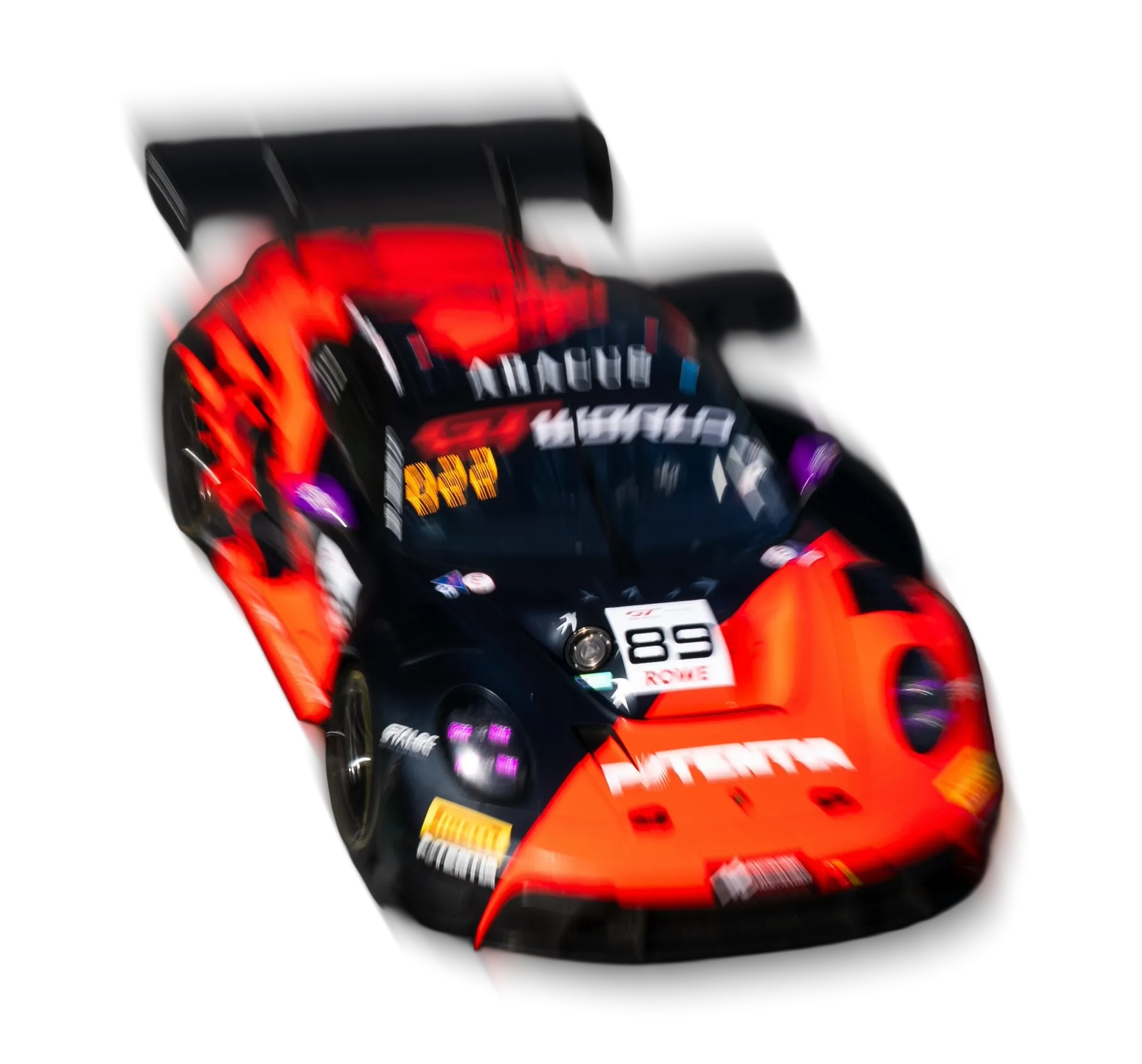 Potentia-liveried Porsche 911 GT3 R, number 89, in Power Orange at speed