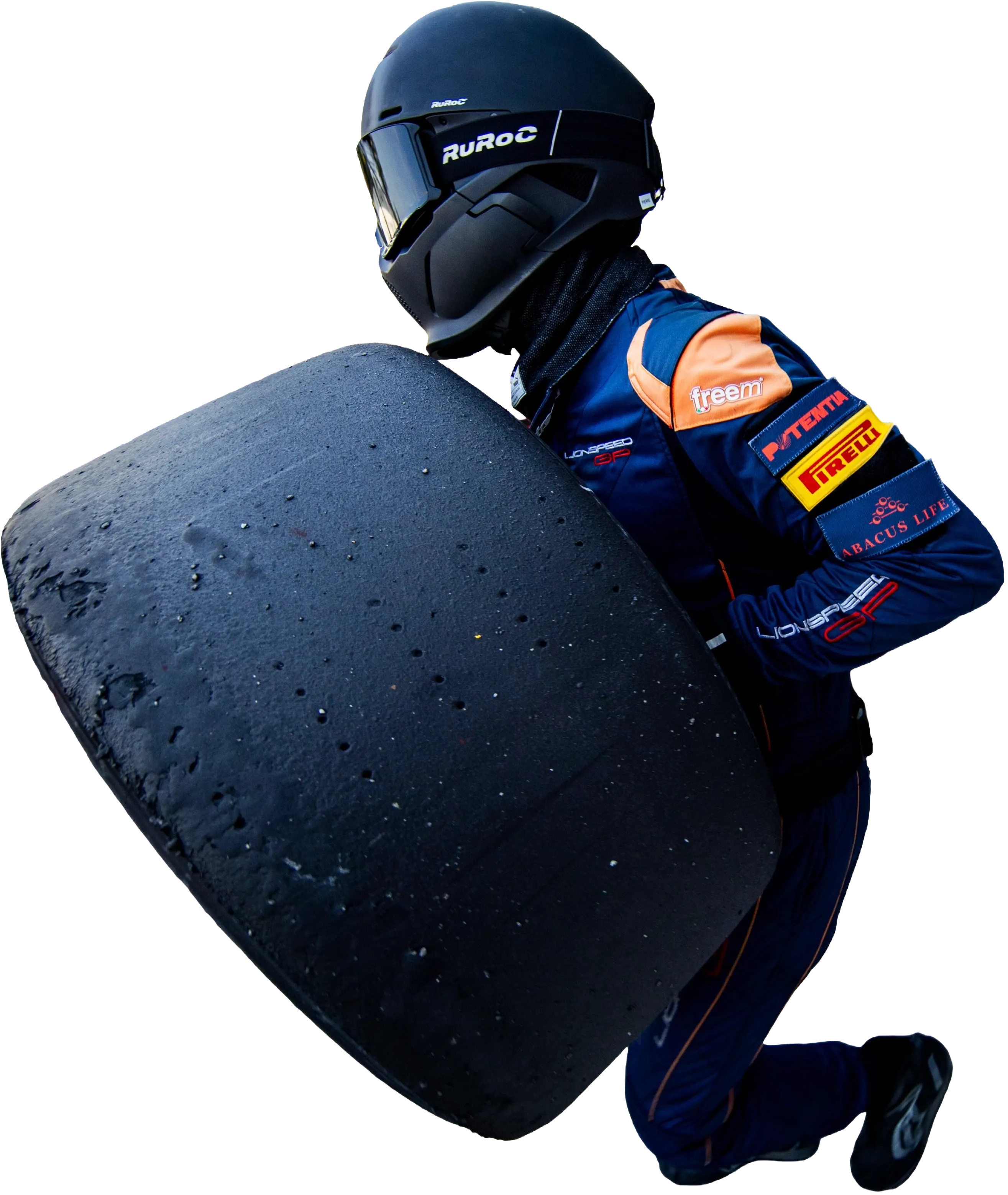 A Lionspeed GP pit crew member carrying a racing slick during a tire change