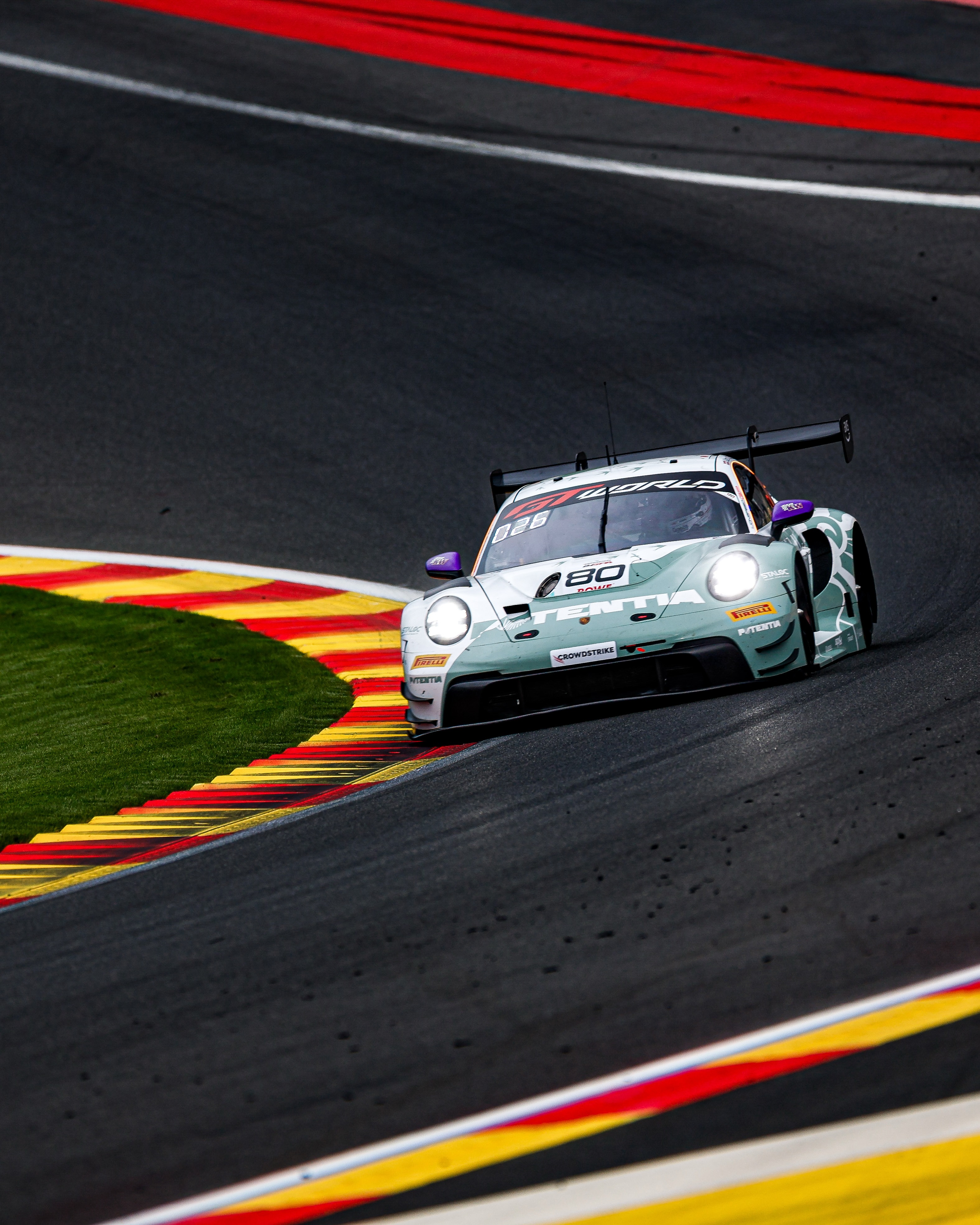 The No. 80 Potentia-liveried Lionspeed GP Porsche 911 GT3 R on track at Circuit de Spa-Francorchamps